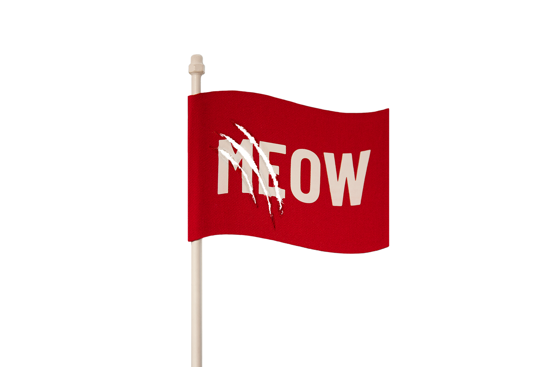Red Flag saying Meow with cat scratches across the letters